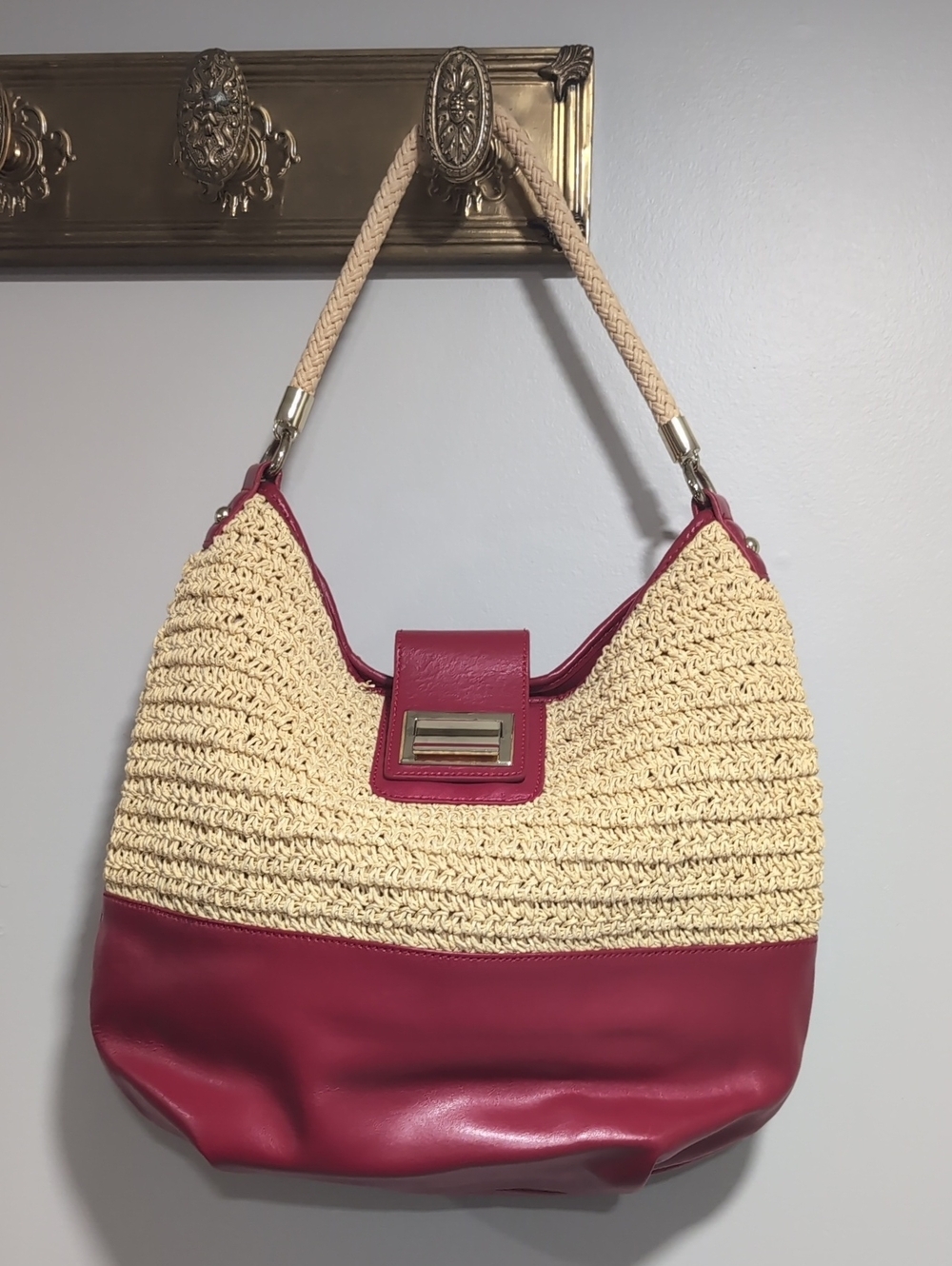 Talbot's Rafia Hobo Bag Red Leather/Woven Straw Body with A Rope Handle.